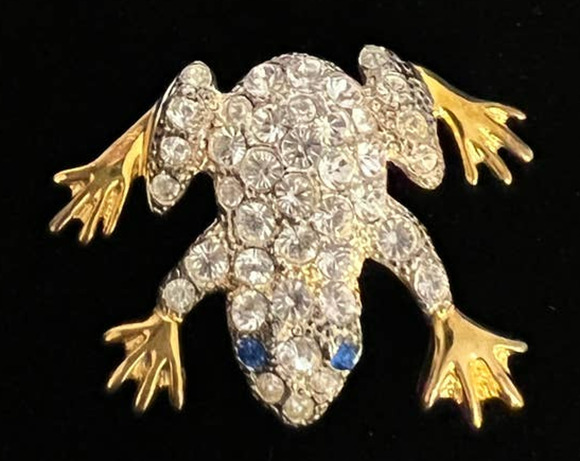 VTG 1998 Plainville Stock Co PSCO Brooch Frog Gold Tone Clear Blue Rhinestones - Picture 7 of 10
